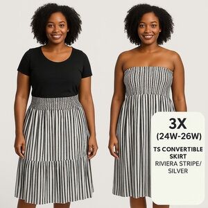 B2542- TS Convertible Smocked Skirt Dress Riviera Stripe Silver 3X (24W–26) NWT